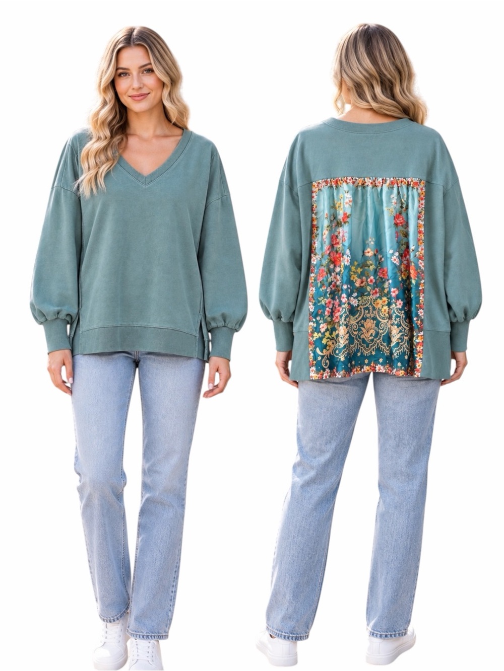 NEW Umgee Light Aqua Green Mixed Media Colorful Satin Floral Inset Sweatshirt